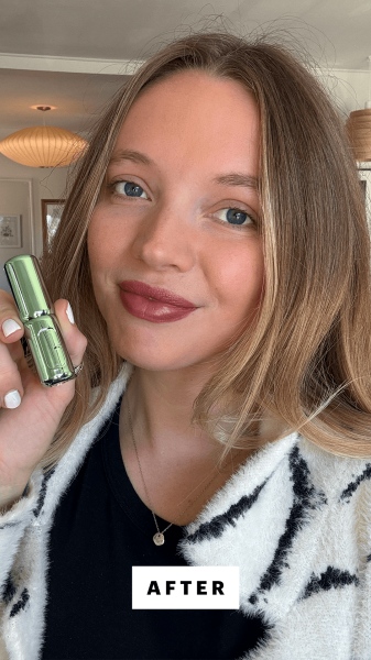 Fowler after applying the Clinique Pop Longwear Lipstick