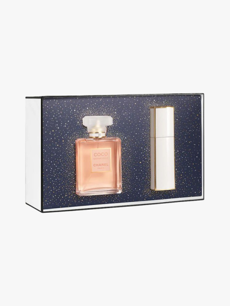 Chanel Coco Mademoiselle The Essentials Set in branded components on a light gray background